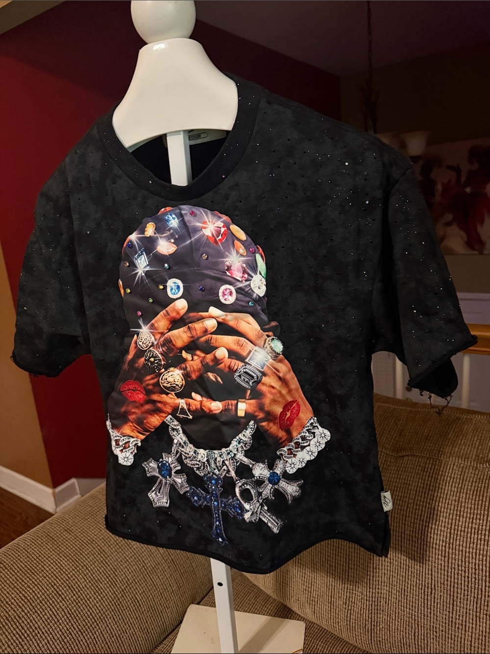 Black Graphic Short-Sleeve Tee with Gemstone Hands Print